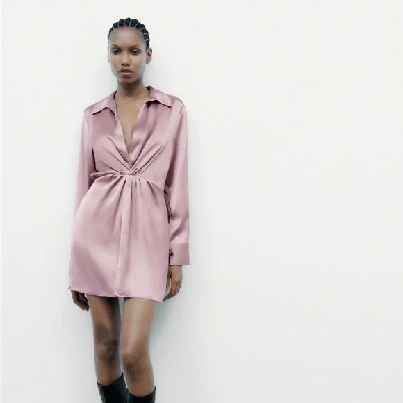 Zara Pink Satin Long Sleeve Dress Zara Pink Dress Zara Pink Satin Long Sleeve Dress Zara Pink Dress